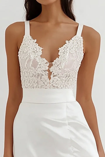 White Lace Satin Spaghetti Straps A Line Formal Dress